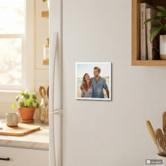 Custom photo magnet on refrigerator door lifestyle shot SnapMagna
