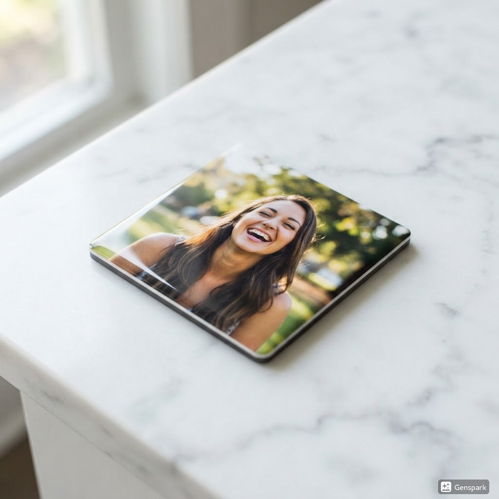 Custom 2.5 inch photo magnet on marble surface handmade in Louisville KY