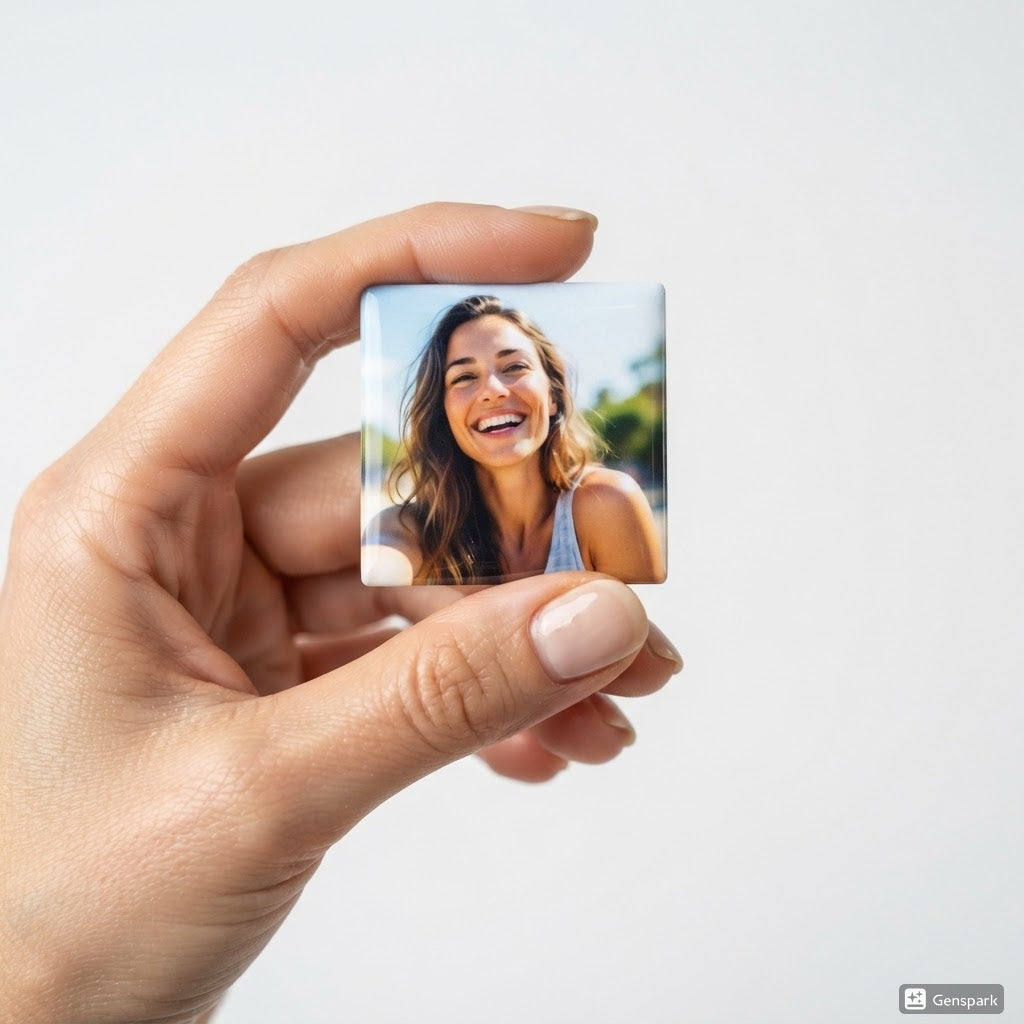 Hand holding a custom 2.5 inch square photo magnet SnapMagna