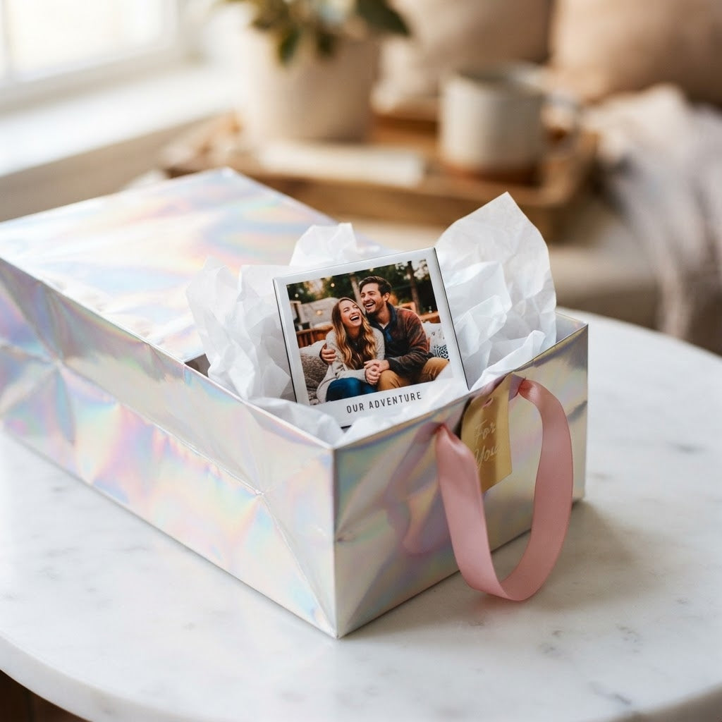 Custom photo magnet in holographic gift box perfect for weddings and gifts